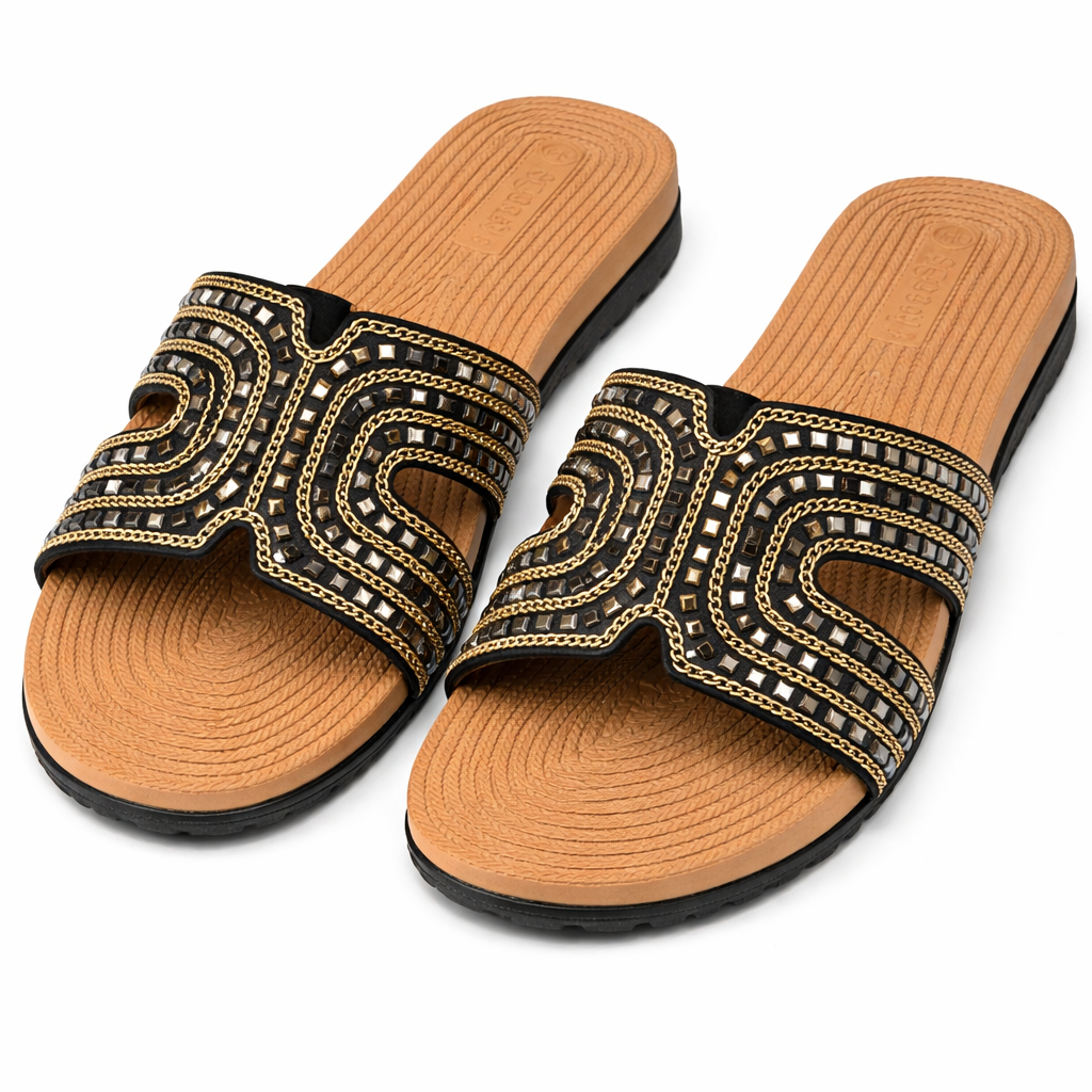 Decorative Slip On Flat Sandals with Embellished Strap
